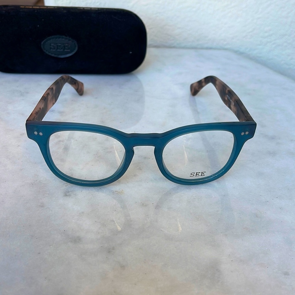 SEE Eyewear matte teal and tortoise frames